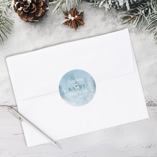 Niedlicher Winterbär Blue Baby Dusche Runder Aufkleber (Von Creator hochgeladen)