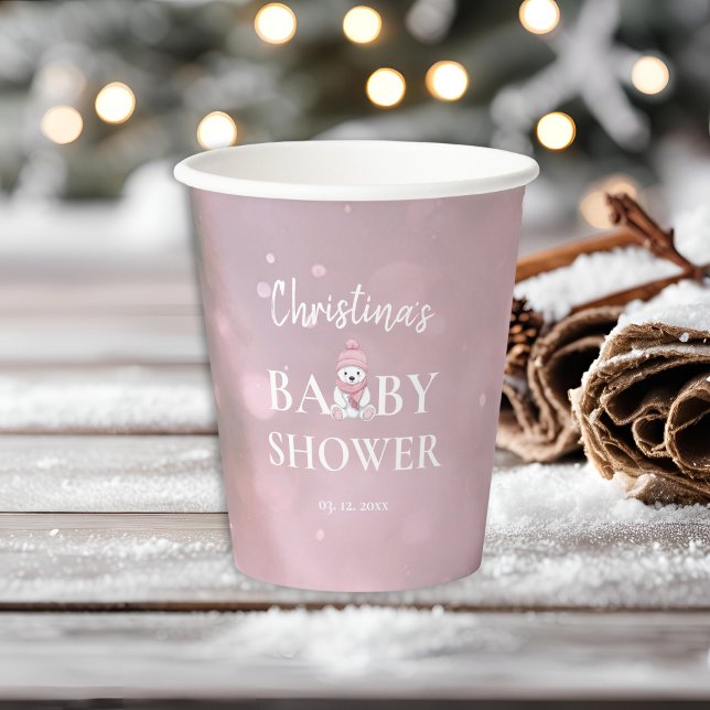 Niedlicher Winterbär Pink Babydusche Pappbecher (Von Creator hochgeladen)