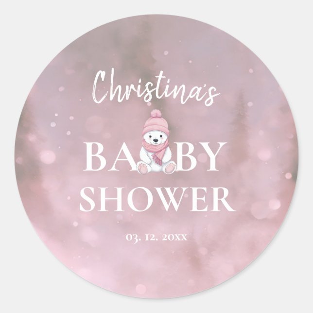 Niedlicher Winterbär Pink Babydusche Runder Aufkleber (Vorderseite)