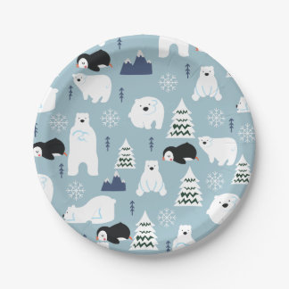 Niedlicher Winterbär und Pinguin Pastel Blue Party Pappteller