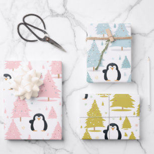 Niedlicher Winterpinguin Rosa Weihnachten Geschenkpapier Set