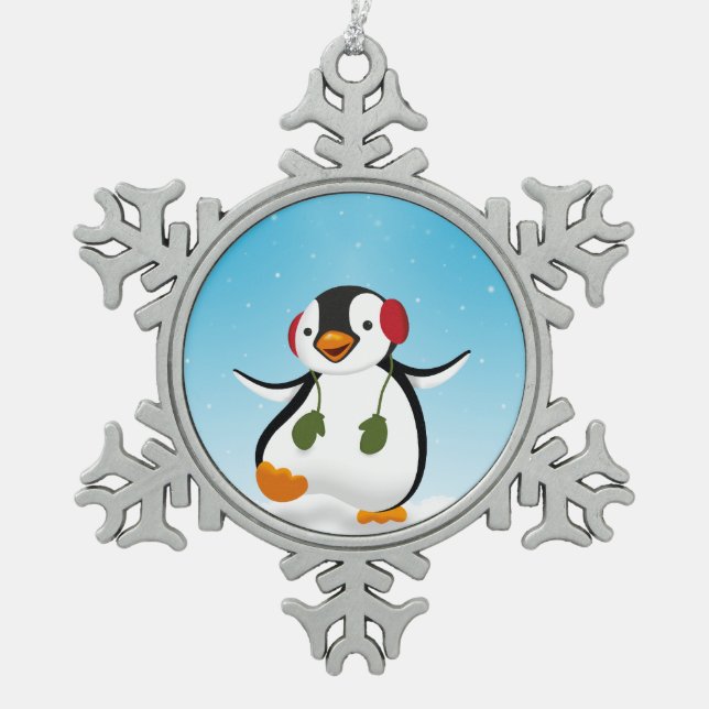Niedlicher Winterpinguin Schneeflocken Zinn-Ornament (Vorderseite)