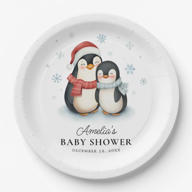 Niedlicher Winterpinguin Weihnachtsdusche Pappteller (Vorderseite)