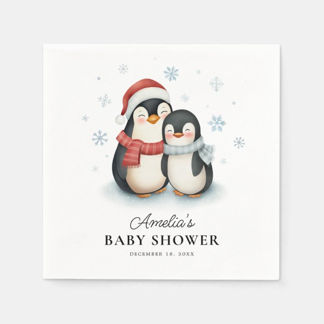 Niedlicher Winterpinguin Weihnachtsdusche Serviette (Vorderseite)