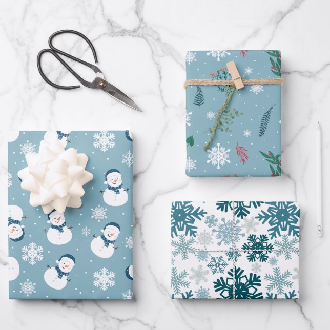 Niedlicher Winterschnee in hellblau und weiß Geschenkpapier Set (Vorderseite)