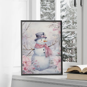 Niedlicher Winterschneemann Rosa Blume Poster