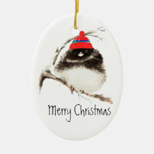 Niedlicher Wintervogel in Hat, Weihnachten, Spaß, Keramikornament