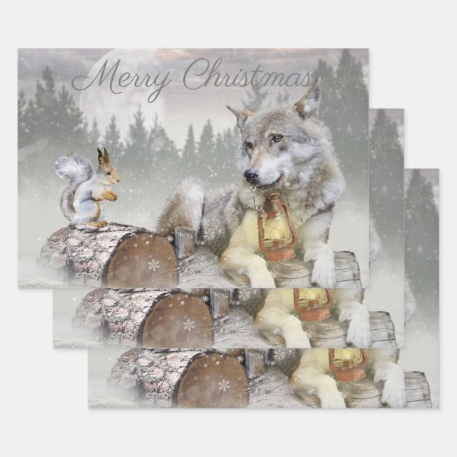 Niedlicher Wolf Eichhörnchen Winterschneewald Weih Geschenkpapier Set (Set)