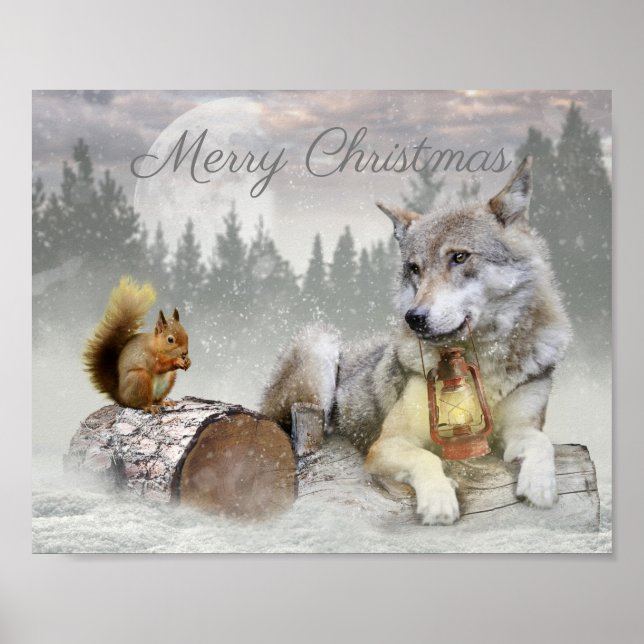 Niedlicher Wolf Eichhörnchen Winterschneewald Weih Poster (Vorne)