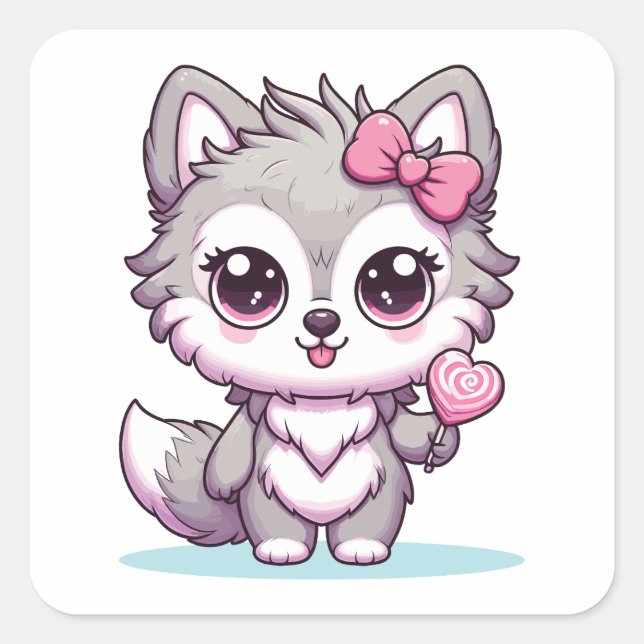 Niedlicher Wolf Kawaii mit Lollipop Quadratischer Aufkleber (Vorderseite)