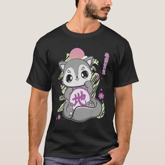 Niedlicher Wolf mit Earth Kanji und japanischer Äs T-Shirt (Vorderseite)