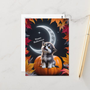 Niedlicher Wolf mit Halbmond Nachts Herbstsonde Postkarte