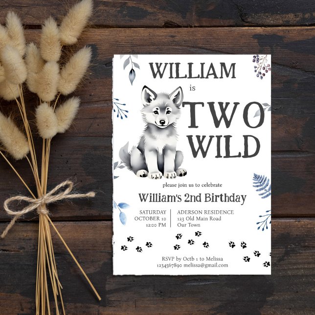 Niedlicher Wolfenkuchen zwei Wildwälder Geburtstag Einladung (Cute grey wolf cub two wild woodlands birthday party invitation editable template instant download)