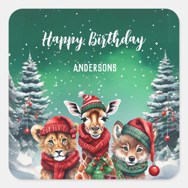 Niedlicher Wolfszoo Weihnachtsbaum Geburtstagsmädc Quadratischer Aufkleber (Vorderseite)