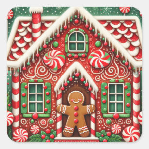 Niedlicher, wunderlicher Lebkuchenmann und -haus Quadratischer Aufkleber