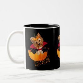 Niedlicher Yorkshire-Hund Halloween-Kürbis Zweifarbige Tasse