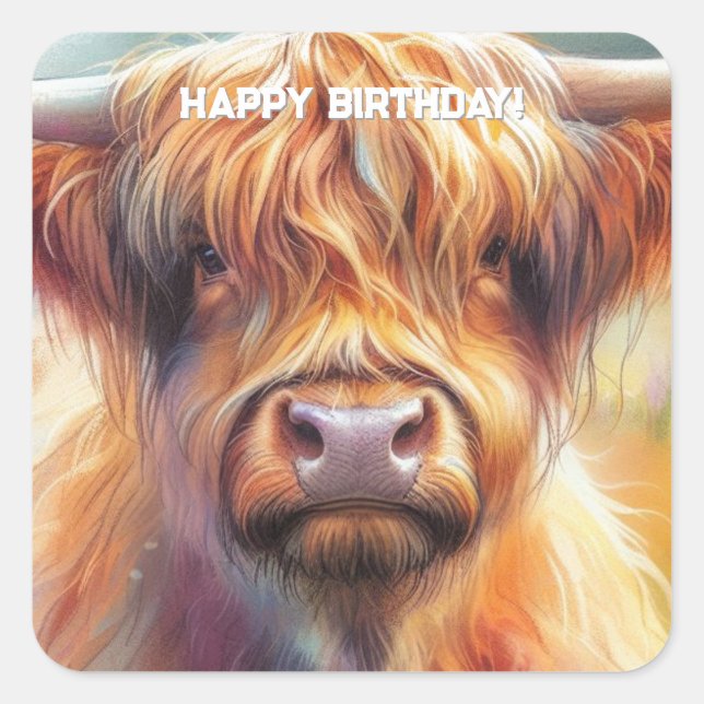 Niedlicher, zäher Shaggy Highland Cow Geburtstag Quadratischer Aufkleber (Vorderseite)