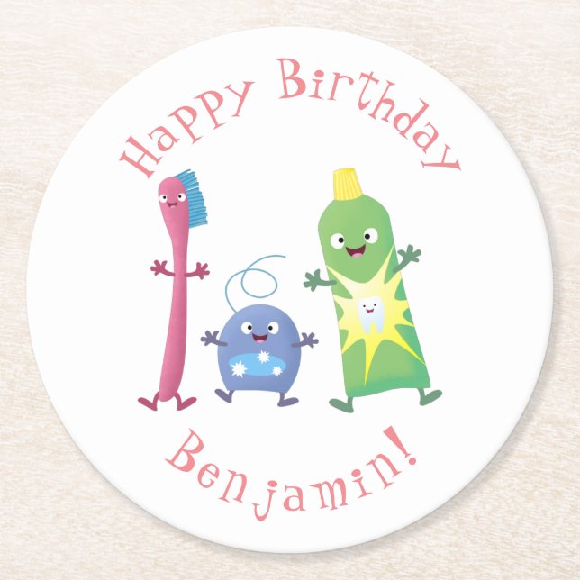 Niedlicher Zahnbürste Zahnpasta-Cartoon Runder Pappuntersetzer (Vorderseite)