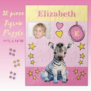 Niedlicher Zebra-Foto Name Rosa Gelbe Kinder Puzzle
