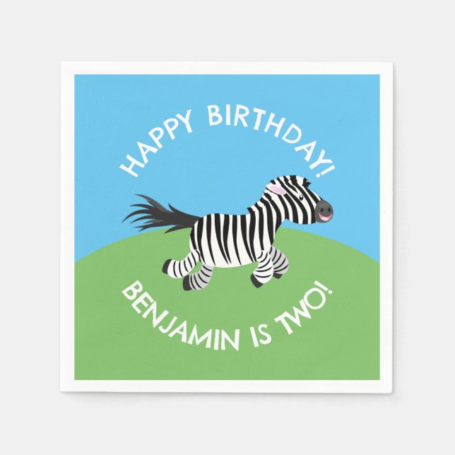 Niedlicher Zebra personalisierter Cartoon Geburtst Serviette (Vorderseite)
