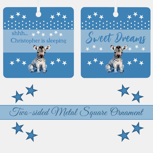 Niedlicher Zebra-shhh-Name ist das Schlaf blau Ornament Aus Metall (Von Creator hochgeladen)