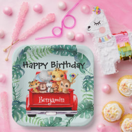 Niedlicher Zoo-Dschungelbauernjunge Birthday Party Pappteller