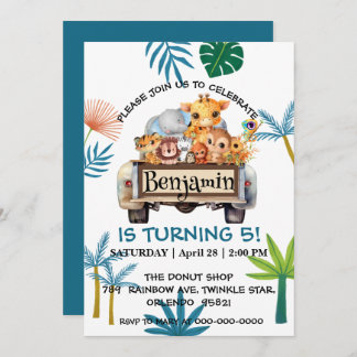 Niedlicher Zoo-Dschungelbaum Traktor Junge Geburts Einladung