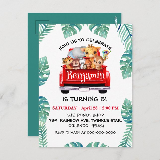 Niedlicher Zoo-Dschungelbaum Traktor Junge Geburts Postkarte (Vorne/Hinten)