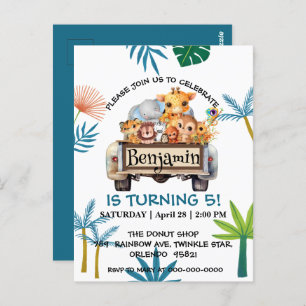 Niedlicher Zoo-Dschungelbaum Traktor Junge Geburts Postkarte