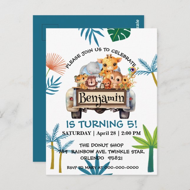 Niedlicher Zoo-Dschungelbaum Traktor Junge Geburts Postkarte (Vorne/Hinten)