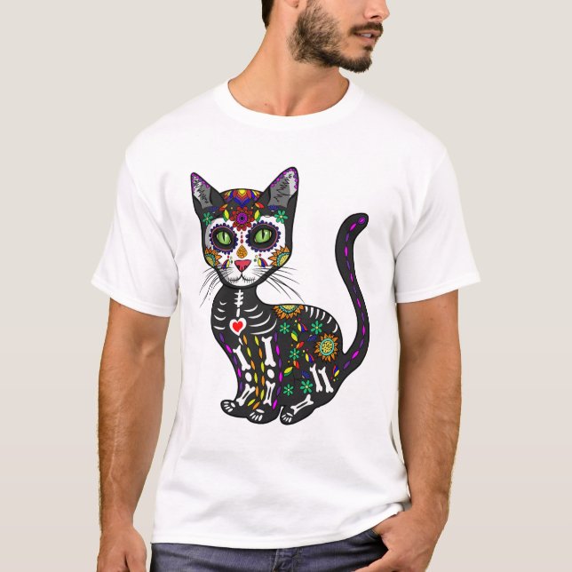 Niedlicher Zuckerschädel mexikanische Katze Hallow T-Shirt (Vorderseite)
