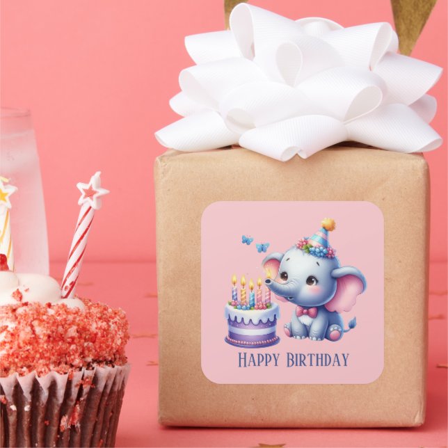 Niedlicher Zusatztext Happy Birthday Girl Elefant Quadratischer Aufkleber (Party)