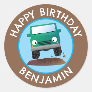 Niedliches 4X4 Cartoon für Geländefahrzeuge person Runder Aufkleber