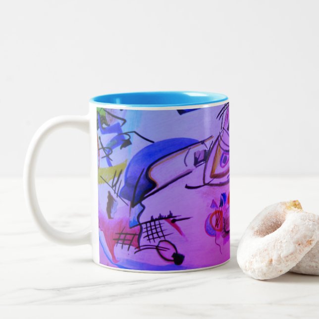 Niedliches Abstraktes Blau Rosa Blau Geometrisch Zweifarbige Tasse (Mit Donut)
