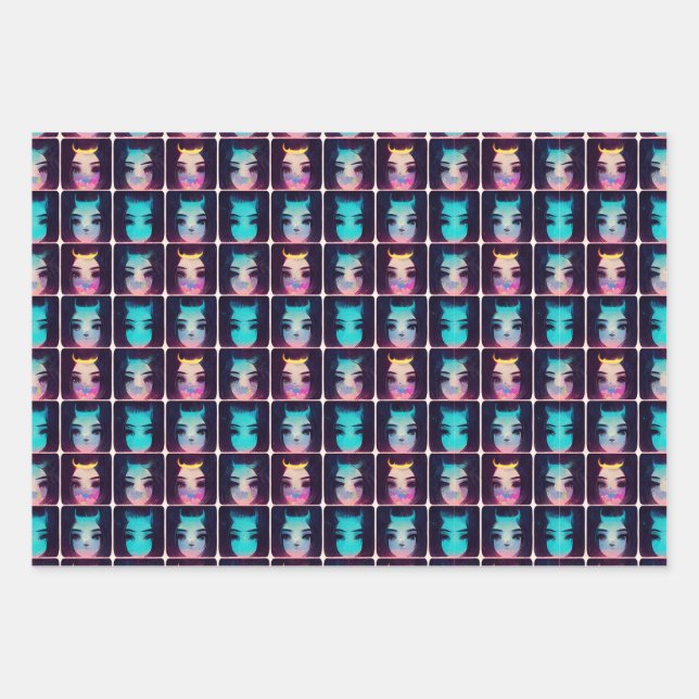 Niedliches Abstraktes Mädchen mit Hörnermuster Geschenkpapier Set (Vorderseite)