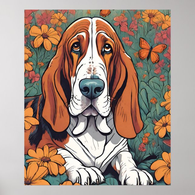 Niedliches Ai Basset Hound und Schmetterling in Bl Poster (Vorne)