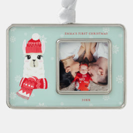 Niedliches Alpaca Baby's First Christmas Custom Fo Rahmen-Ornament Silber