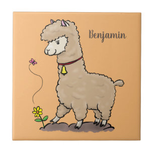 Niedliches Alpaca mit Schmetterling-Cartoon Fliese