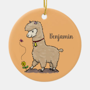 Niedliches Alpaca mit Schmetterling-Cartoon Keramik Ornament