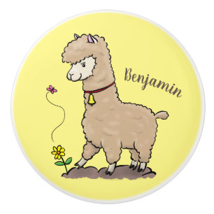 Niedliches Alpaca mit Schmetterling-Cartoon Keramikknauf