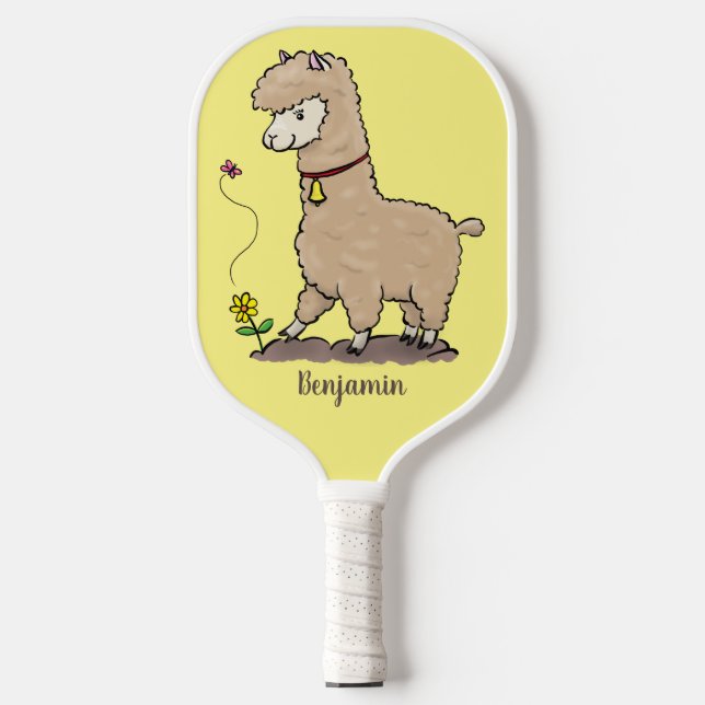 Niedliches Alpaca mit Schmetterling-Cartoon Pickleball Schläger (Vorderseite)