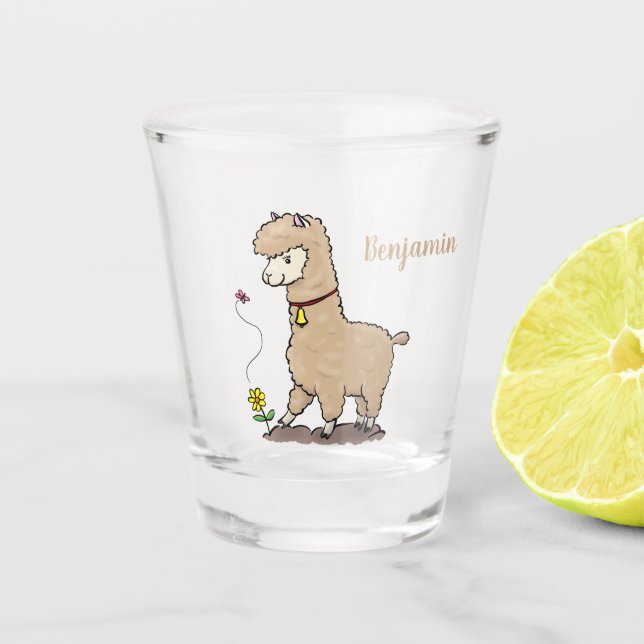 Niedliches Alpaca mit Schmetterling-Cartoon Schnapsglas (Vorderseite)