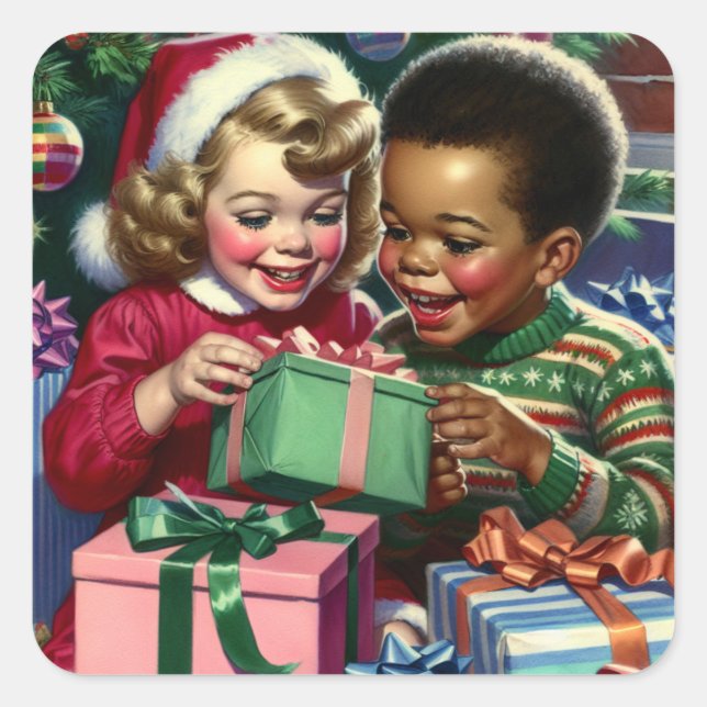 Niedliches altmodisches Weihnachten und glückliche Quadratischer Aufkleber (Vorderseite)