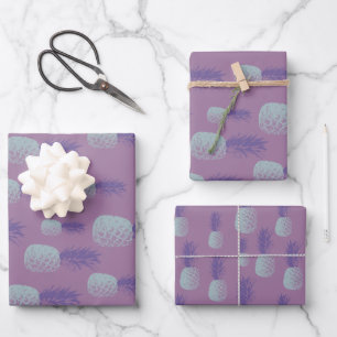 Niedliches Ananas Muster in Hellblau und Lila Geschenkpapier Set