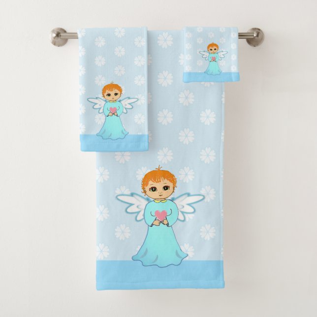 Niedliches Angel- und Blume-Muster auf Light Blue Badhandtuch Set (Insitu)