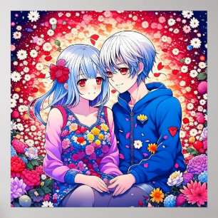 Niedliches Anime Couple umgeben von Blume und Herz Poster