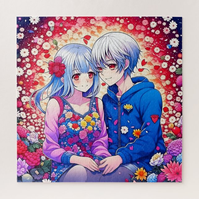 Niedliches Anime Couple umgeben von Blume und Herz Puzzle (Vertikal)