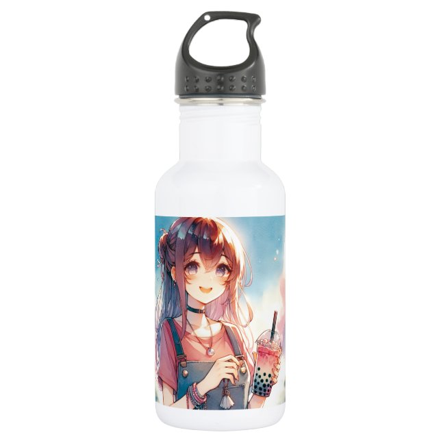 Niedliches Anime Girl Holen eines Boba Tees Edelstahlflasche (Vorderseite)