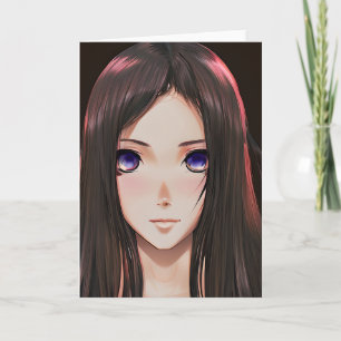 Niedliches Anime-Girl mit braunem Haar und blauen Karte