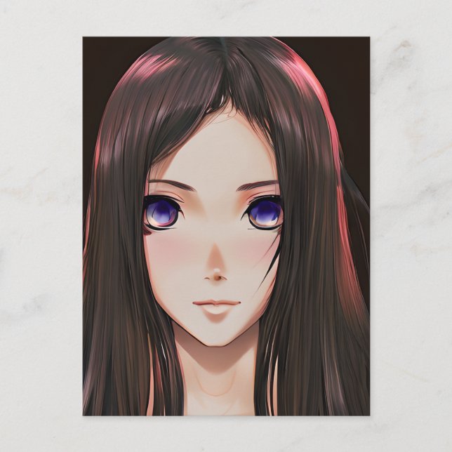 Niedliches Anime-Girl mit braunem Haar und blauen  Postkarte (Vorderseite)